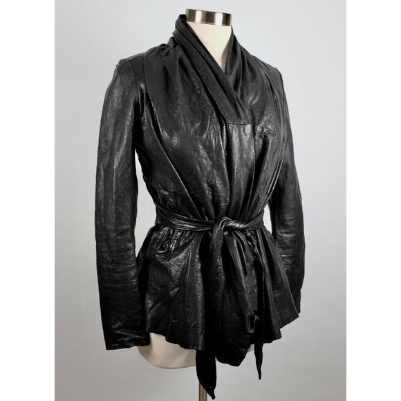 AllSaints sz 6 leather jacket open front waterfall belted asymmetric long - Picture 1 of 10